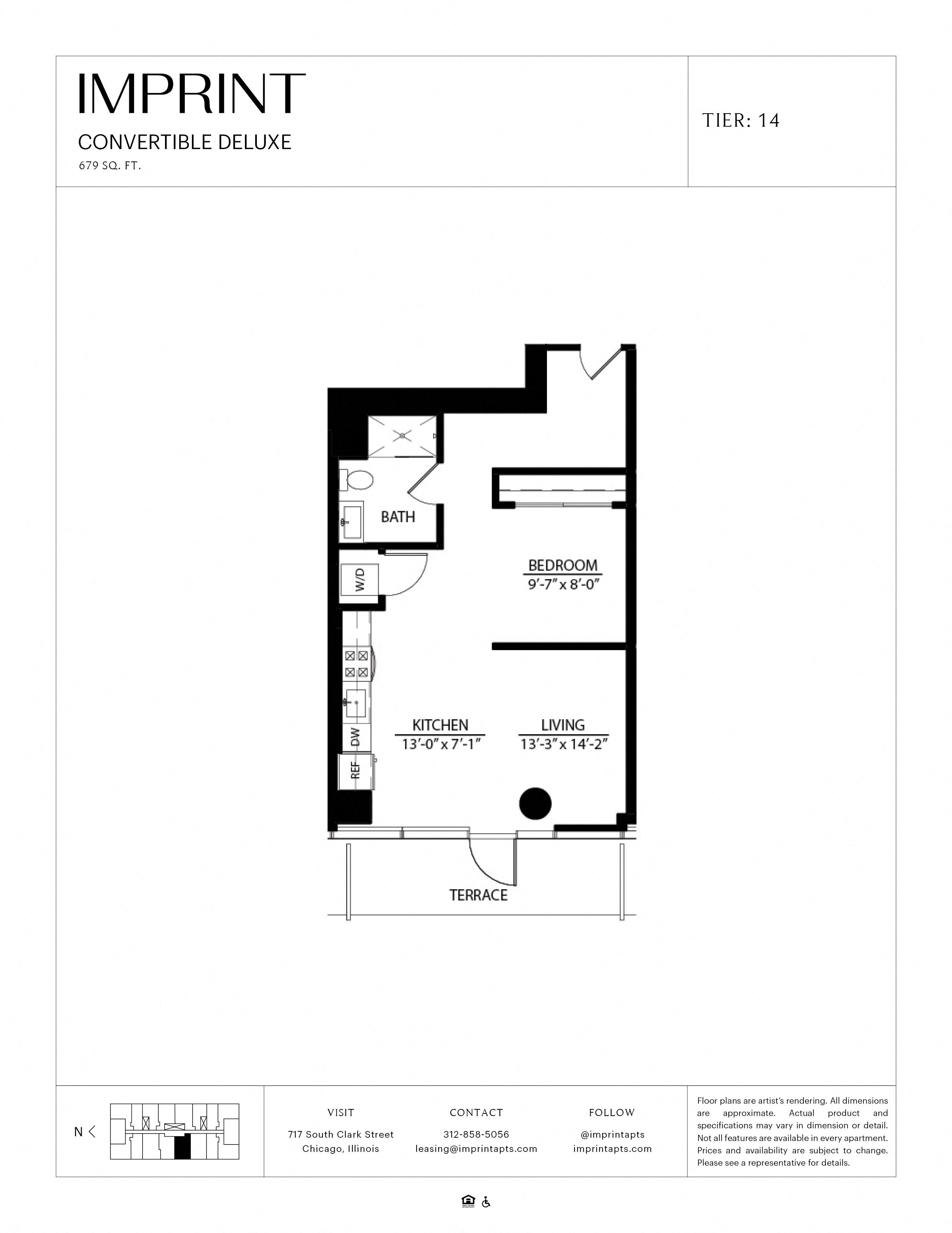 Floor plan for studio, 1 bath, 679 sqft